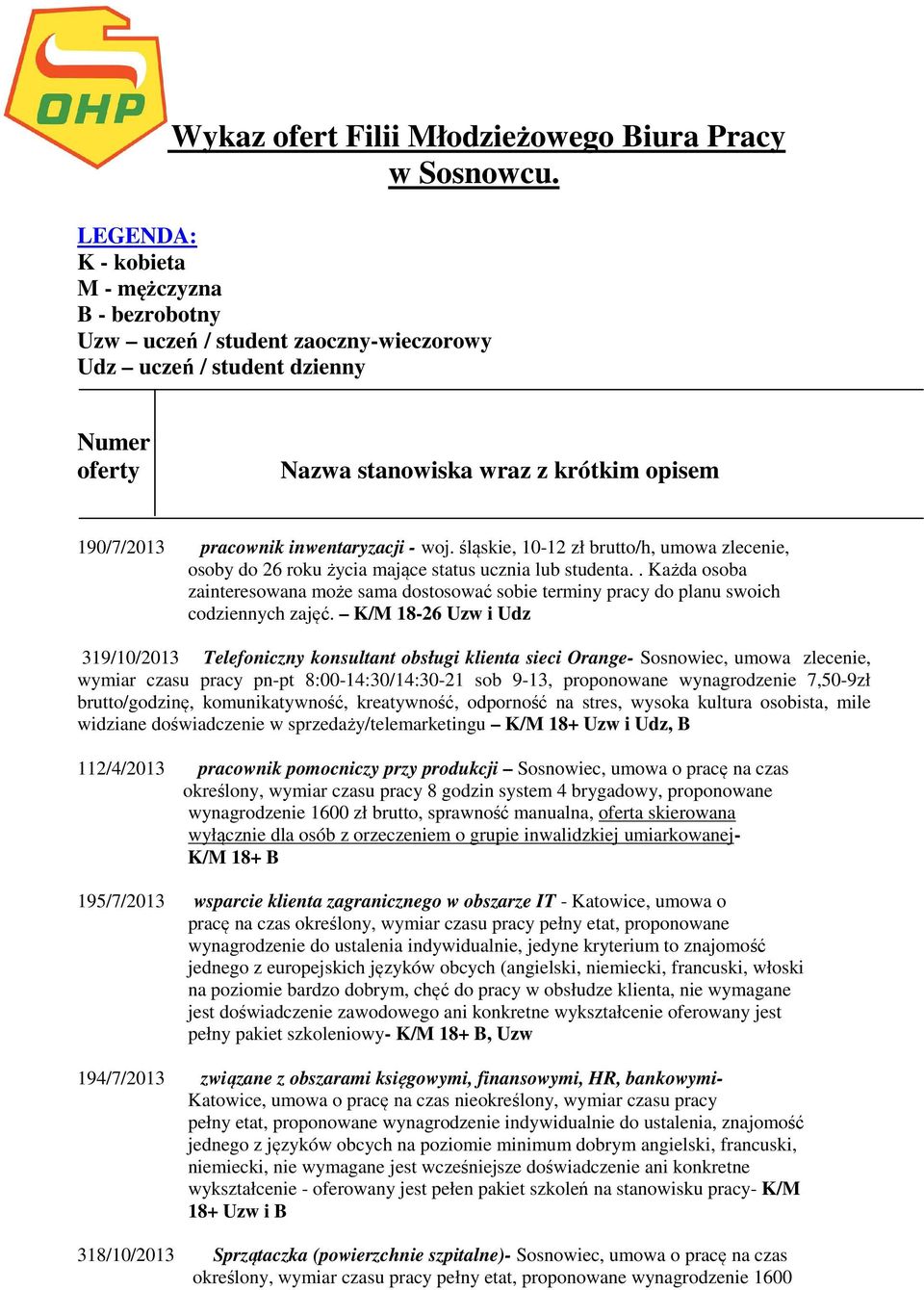 inwentaryzacji - woj. śląskie, 10-12 zł brutto/h, umowa zlecenie, osoby do 26 roku życia mające status ucznia lub studenta.