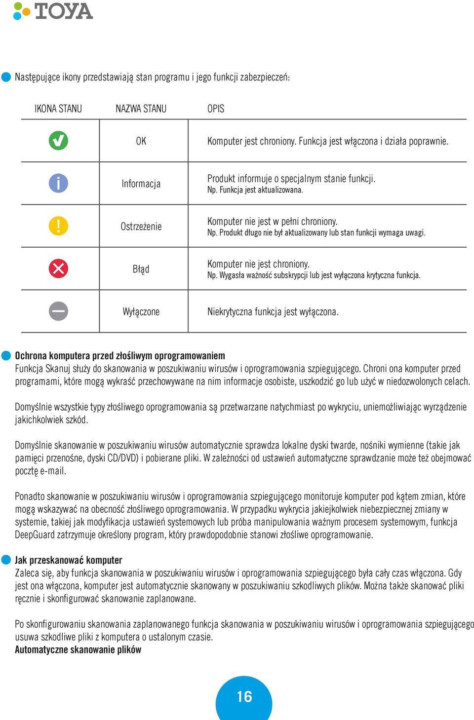 Błąd Komputer nie jest chroniony. Np. Wygasła ważność subskrypcji lub jest wyłączona krytyczna funkcja. Wyłączone Niekrytyczna funkcja jest wyłączona.