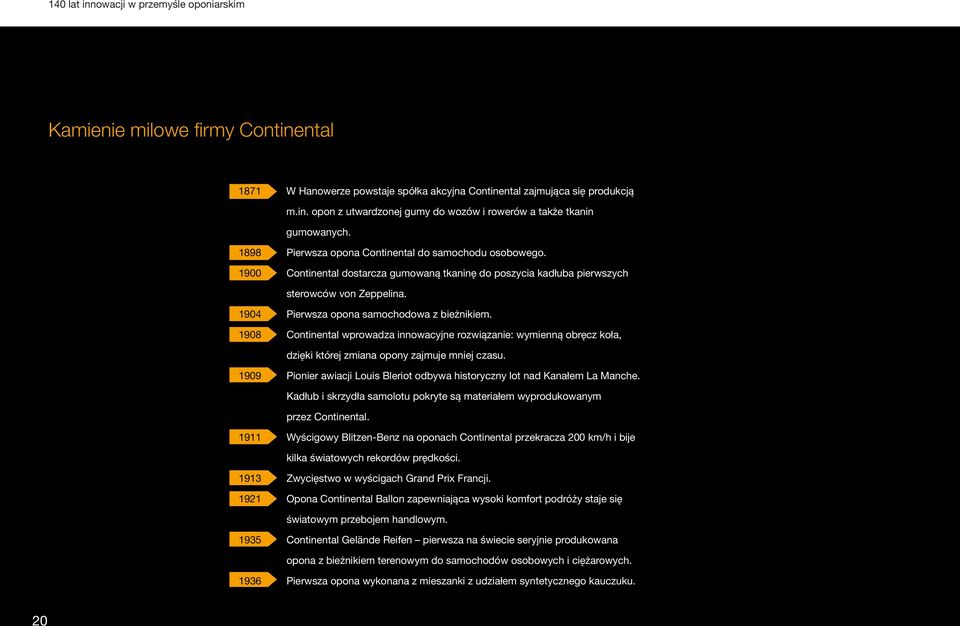 1904 Pierwsza opona samochodowa z bieżnikiem. 1908 Continental wprowadza innowacyjne rozwiązanie: wymienną obręcz koła, dzięki której zmiana opony zajmuje mniej czasu.