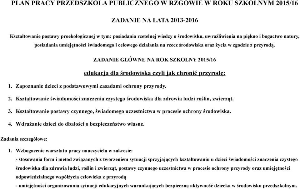 ZADANIE GŁÓWNE NA ROK SZKOLNY 2015/16 edukacja dla środowiska czyli jak chronić przyrodę: 1. Zapoznanie dzieci z podstawowymi zasadami ochrony przyrody. 2. Kształtowanie świadomości znaczenia czystego środowiska dla zdrowia ludzi roślin, zwierząt.
