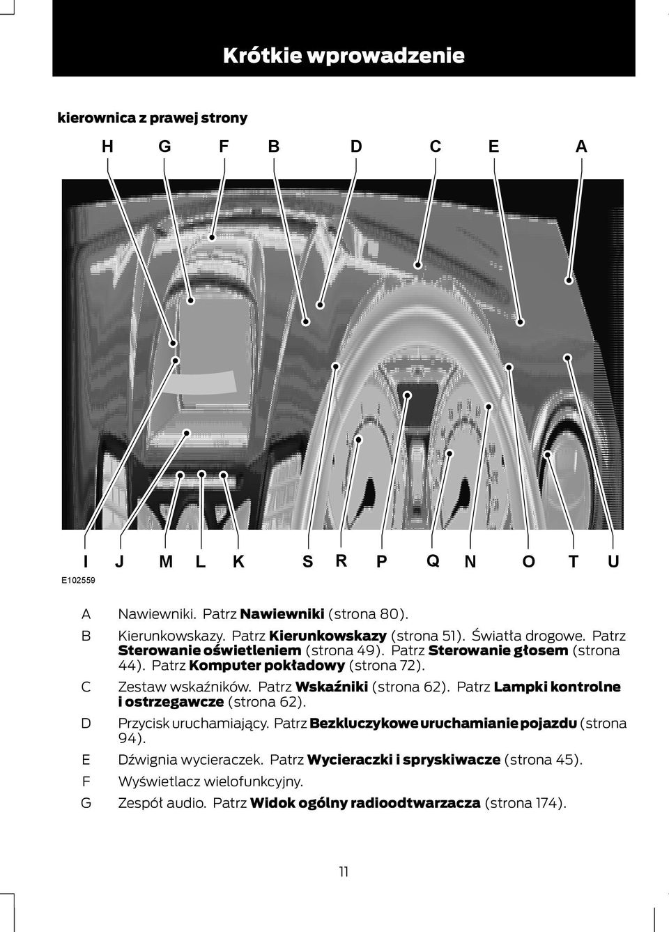 Zestaw wskaźników. Patrz Wskaźniki (strona 62). Patrz Lampki kontrolne i ostrzegawcze (strona 62). Przycisk uruchamiający.