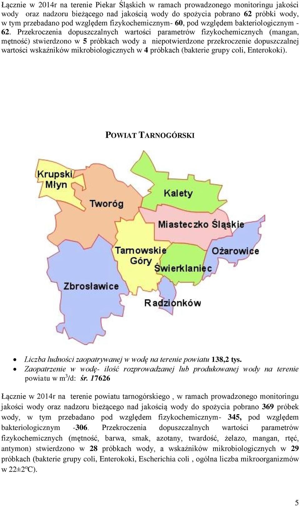 Przekroczenia dopuszczalnych wartości parametrów fizykochemicznych (mangan, mętność) stwierdzono w 5 próbkach wody a niepotwierdzone przekroczenie dopuszczalnej wartości wskaźników mikrobiologicznych