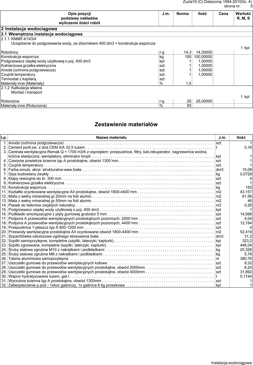 1 KNNR 4/143/4 Urządzenie do podgrzewania wody, ze zbiornikiem 400 dm3 + konstrukcja wsporcza Robotnicy r-g 14,3 14,30000 Konstrukcja wsporcza kg 150 150,00000 Podgrzewacz ciepłej wody użytkowej o