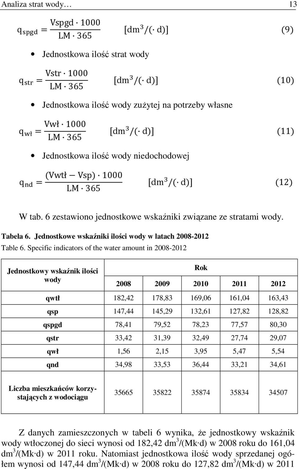 Jednostkowe wskaźniki ilości wody w latach 2008-2012 Table 6.