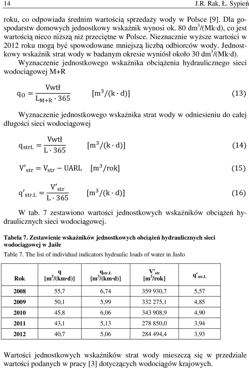 Jednostkowy wskaźnik strat wody w badanym okresie wyniósł około 30 dm 3 /(Mk d).