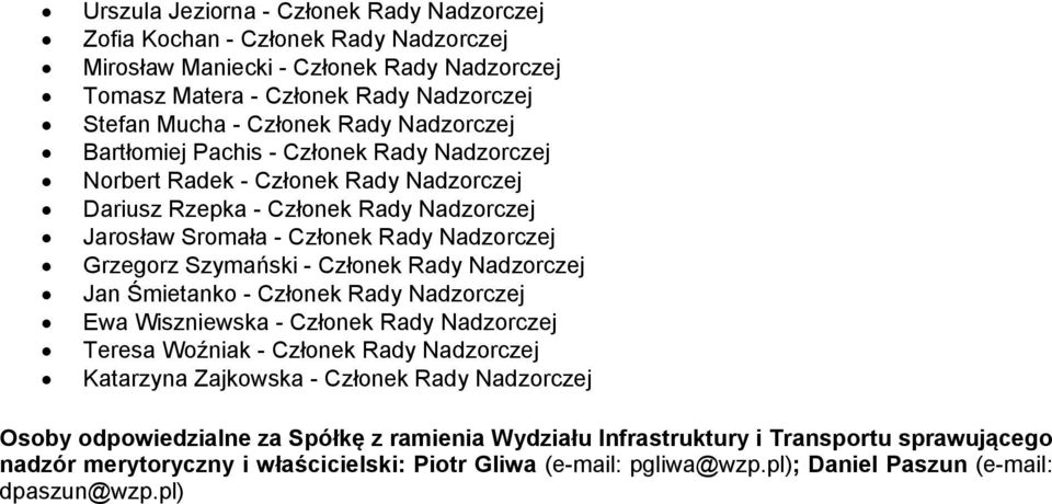 - Członek Rady Nadzorczej Jan Śmietanko - Członek Rady Nadzorczej Ewa Wiszniewska - Członek Rady Nadzorczej Teresa Woźniak - Członek Rady Nadzorczej Katarzyna Zajkowska - Członek Rady Nadzorczej