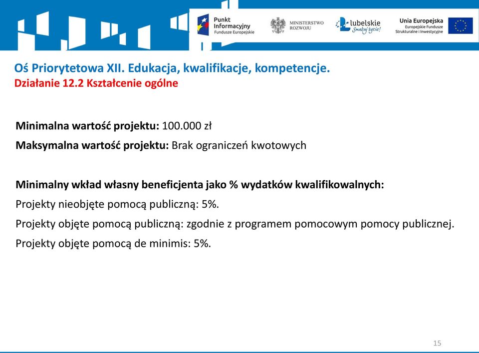 000 zł Maksymalna wartość projektu: Brak ograniczeń kwotowych Minimalny wkład własny beneficjenta jako %