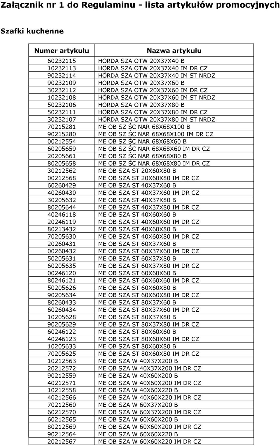 NRDZ 70215281 ME OB SZ ŚC NAR 68X68X100 B 90215280 ME OB SZ ŚC NAR 68X68X100 IM DR CZ 00212554 ME OB SZ ŚC NAR 68X68X60 B 60205659 ME OB SZ ŚC NAR 68X68X60 IM DR CZ 20205661 ME OB SZ ŚC NAR 68X68X80