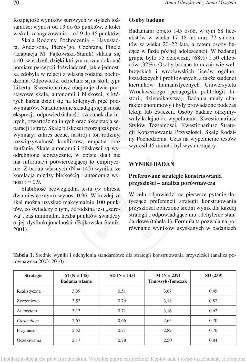 Fajkowska-Stanik) składa się z 40 twierdzeń, dzięki którym można dokonać pomiaru percepcji doświadczeń, jakie jednostka zdobyła w relacji z własną rodziną pochodzenia.