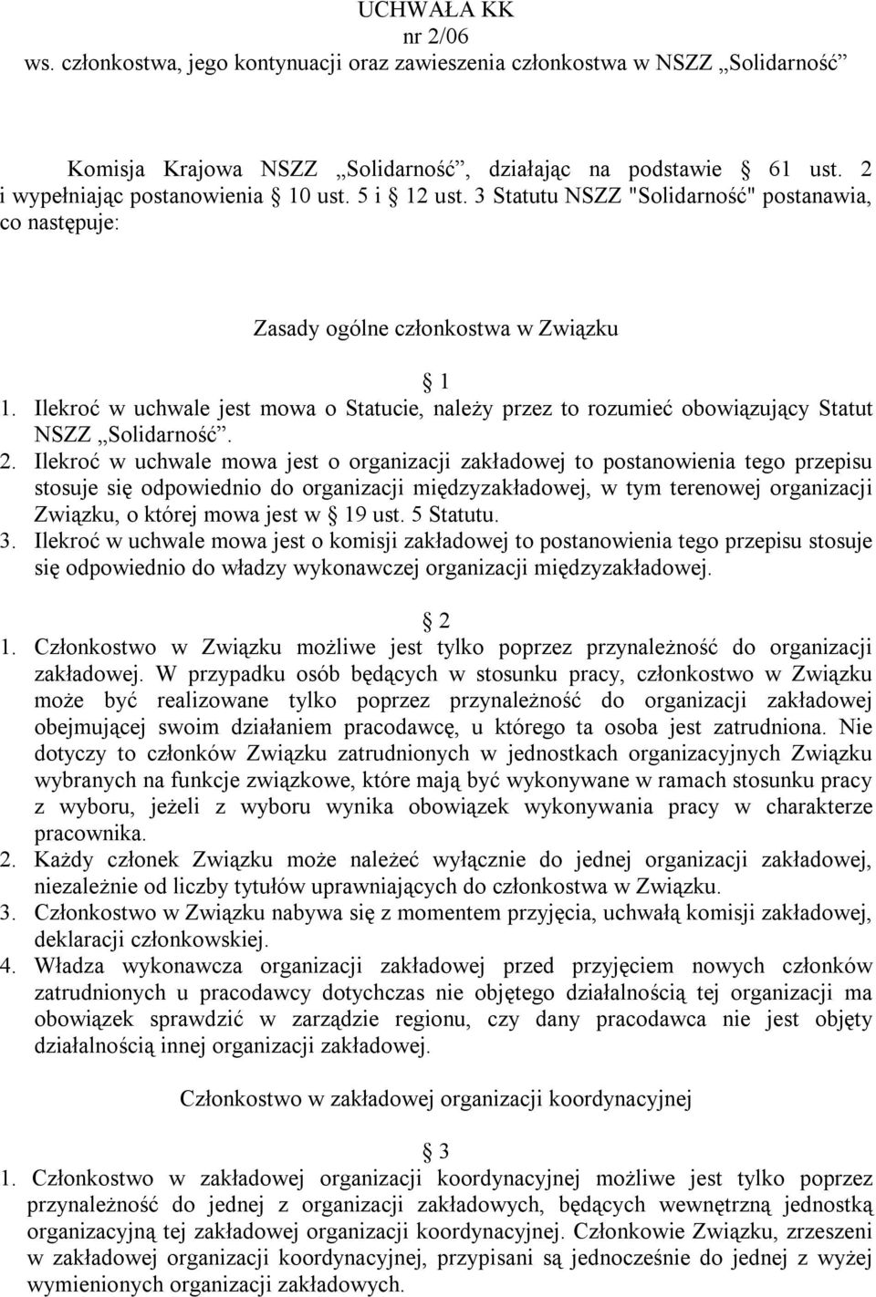 Ilekroć w uchwale jest mowa o Statucie, należy przez to rozumieć obowiązujący Statut NSZZ Solidarność. 2.