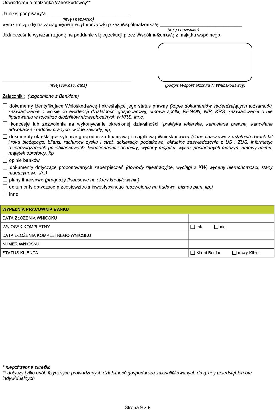 (miejscowość, data) (podpis Współmałżonka / i Wnioskodawcy) Załączniki: (uzgodnione z Bankiem) dokumenty identyfikujące Wnioskodawcę i określające jego status prawny (kopie dokumentów stwierdzających