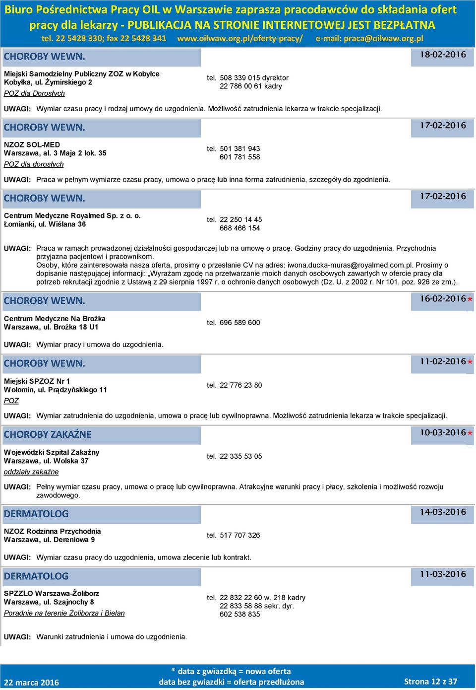 501 381 943 601 781 558 UWAGI: Praca w pełnym wymiarze czasu pracy, umowa o pracę lub inna forma zatrudnienia, szczegóły do zgodnienia. 17-02-2016 Centrum Medyczne Royalmed Sp. z o. o. Łomianki, ul.