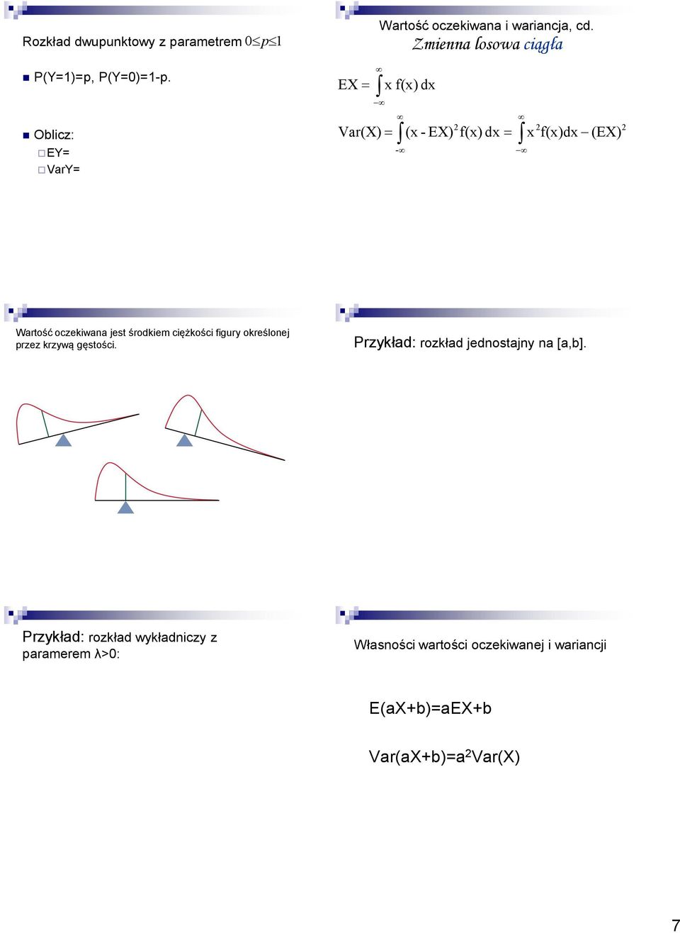 Zmienna losowa ciągła x f(x) dx - 2 (x - EX) f(x) dx 2 2 x f(x)dx (EX) Wartość oczekiwana jest środkiem