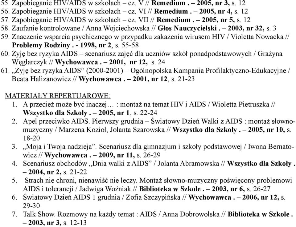 Znaczenie wsparcia psychicznego w przypadku zakażenia wirusem HIV / Violetta Nowacka // Problemy Rodziny. - 1998, nr 2, s. 55-58 60.