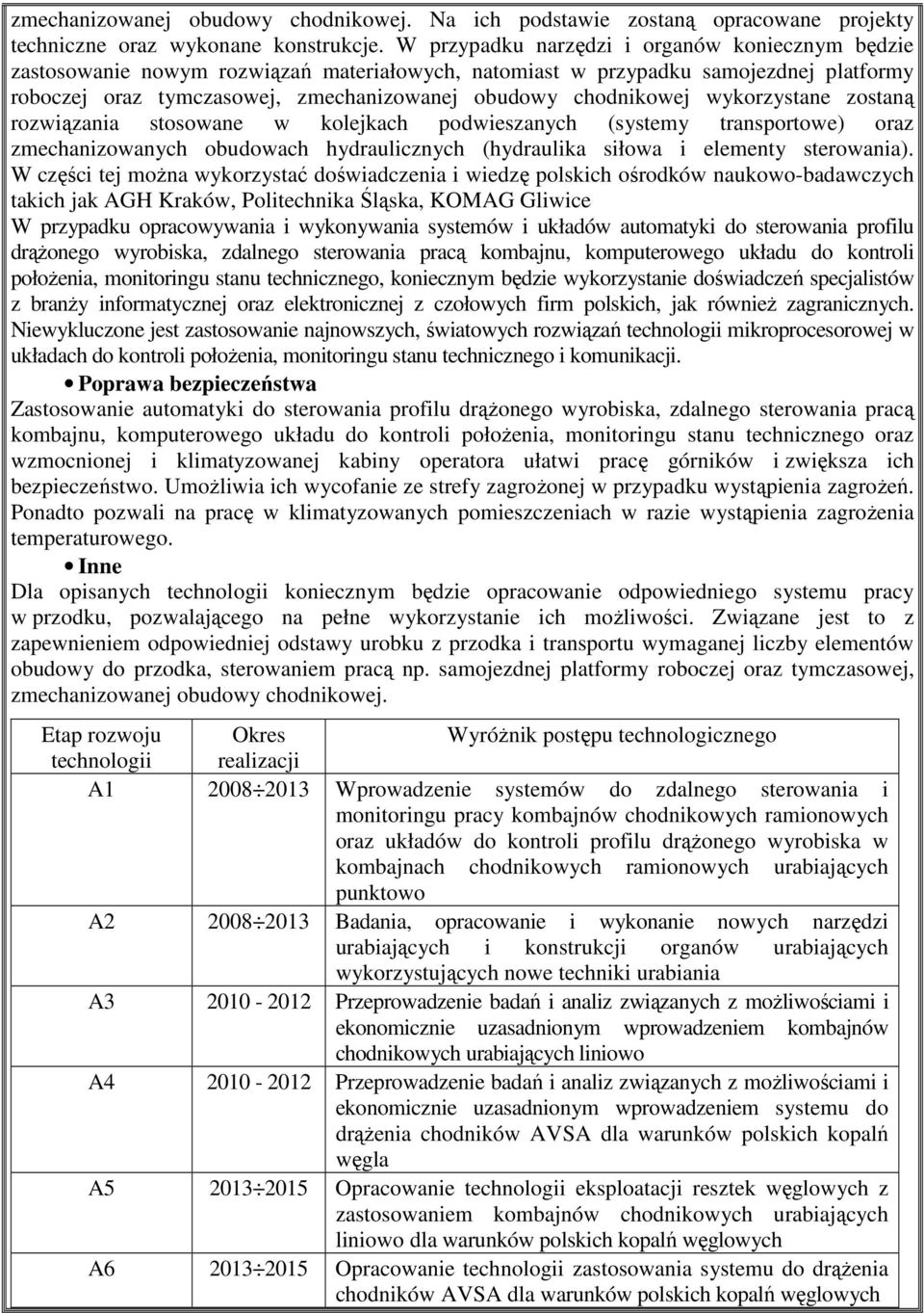 wykorzystane zostaną rozwiązania stosowane w kolejkach podwieszanych (systemy transportowe) oraz zmechanizowanych obudowach hydraulicznych (hydraulika siłowa i elementy sterowania).