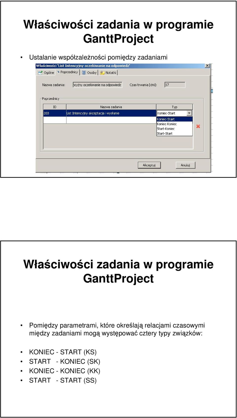 które określają relacjami czasowymi między zadaniami mogą występować cztery typy