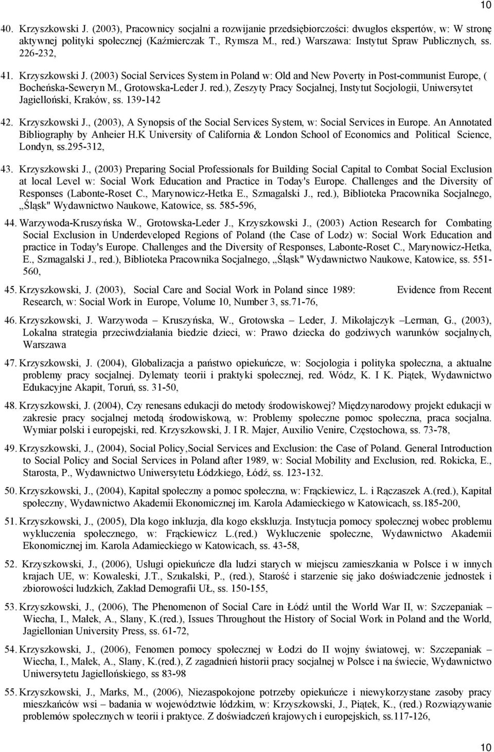 , Grotowska-Leder J. red.), Zeszyty Pracy Socjalnej, Instytut Socjologii, Uniwersytet Jagielloński, Kraków, ss. 139-142 42. Krzyszkowski J.