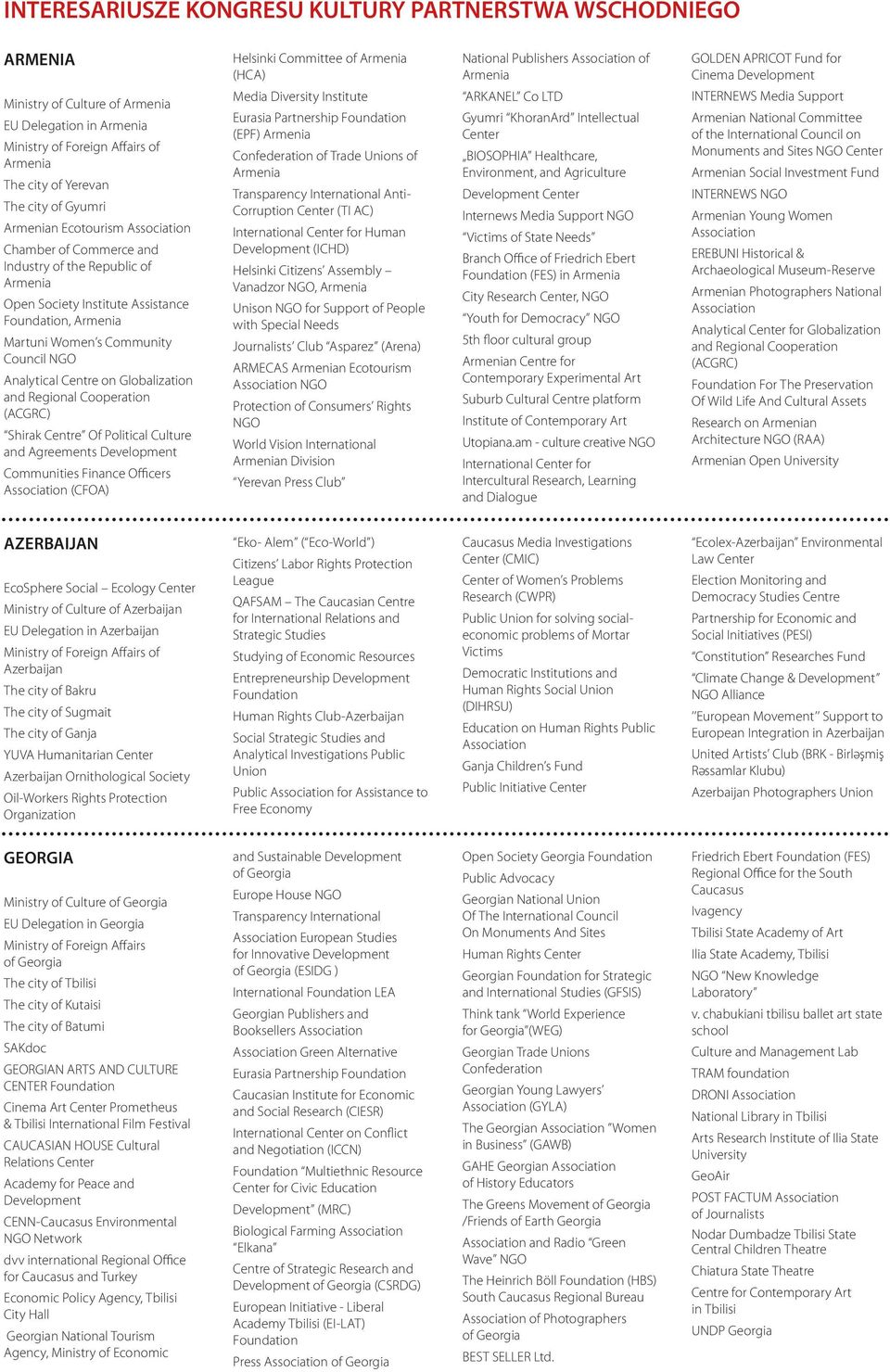 Centre on Globalization and Regional Cooperation (ACGRC) Shirak Centre Of Political Culture and Agreements Development Communities Finance Officers Association (CFOA) Helsinki Committee of Armenia