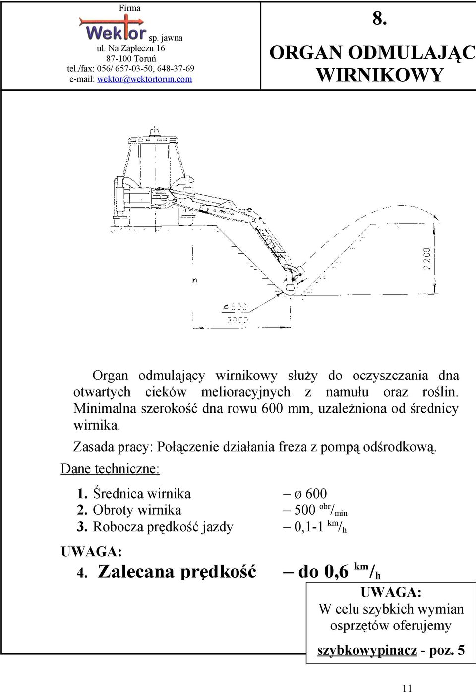 Zasada pracy: Połączenie działania freza z pompą odśrodkową. Dane techniczne: 1. Średnica wirnika 2. Obroty wirnika 3.