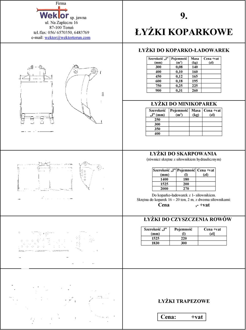 195 225 260 ŁYŻKI DO MINIKOPAREK Szerokość l (mm) 250 300 350 400 Pojemność Masa Cena (m3) (kg) (zł) ŁYŻKI DO SKARPOWANIA (również skrętne z siłownikiem