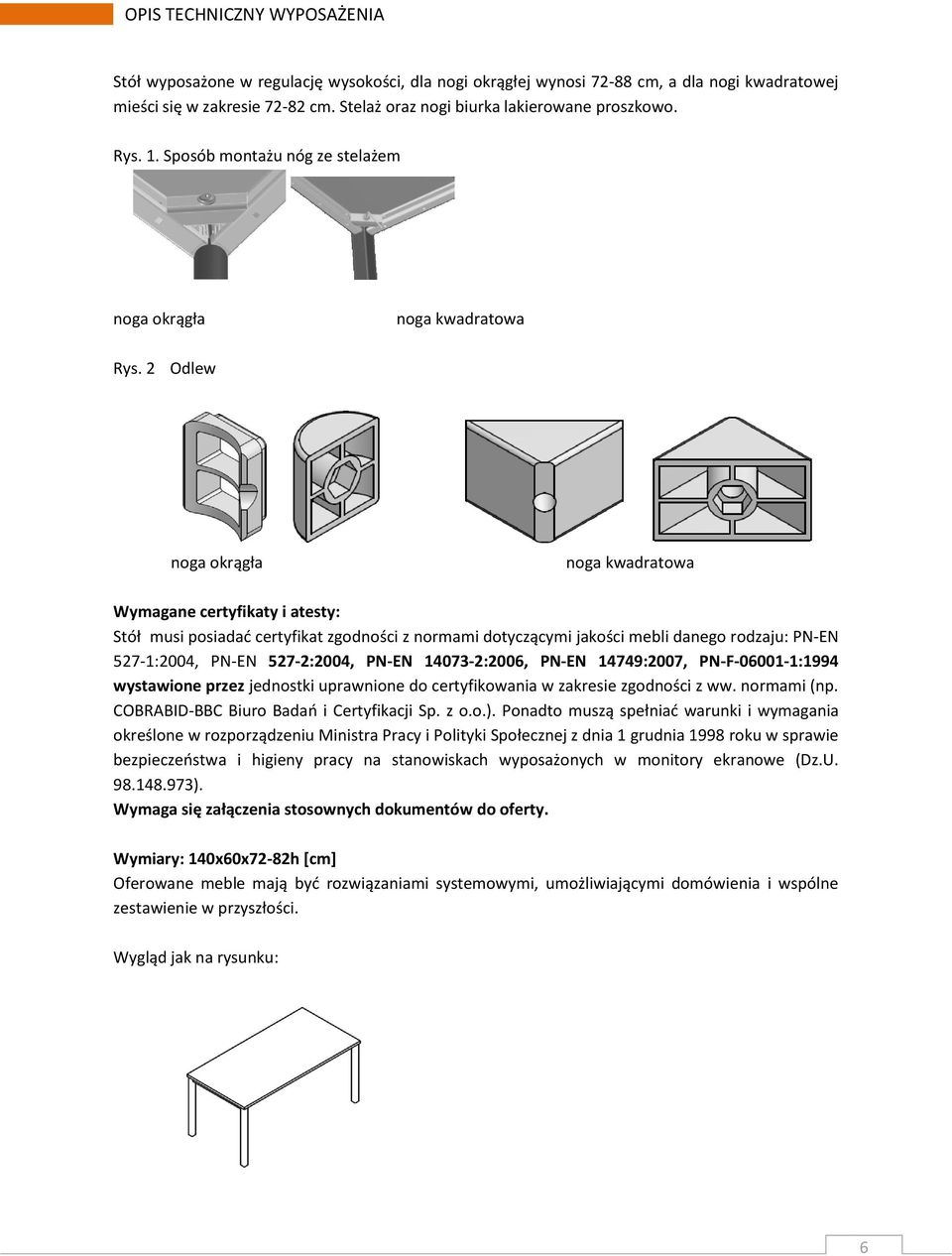 2 Odlew noga okrągła noga kwadratowa Wymagane certyfikaty i atesty: Stół musi posiadad certyfikat zgodności z normami dotyczącymi jakości mebli danego rodzaju: PN-EN 527-1:2004, PN-EN 527-2:2004,