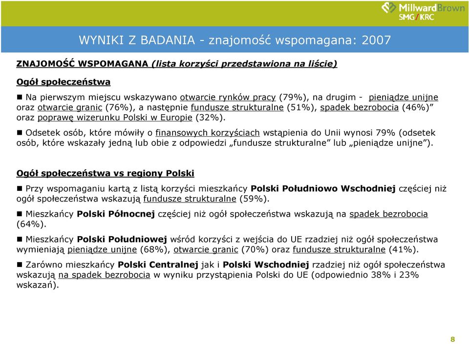 Odsetek osób, które mówiły o finansowych korzyściach wstąpienia do Unii wynosi 79% (odsetek osób, które wskazały jedną lub obie z odpowiedzi fundusze strukturalne lub pieniądze unijne ).