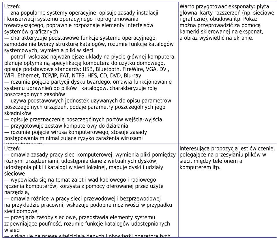 płycie głównej komputera, planuje optymalną specyfikację komputera do użytku domowego, opisuje podstawowe standardy: USB, Bluetooth, FireWire, VGA, DVI, WiFi, Ethernet, TCP/IP, FAT, NTFS, HFS, CD,