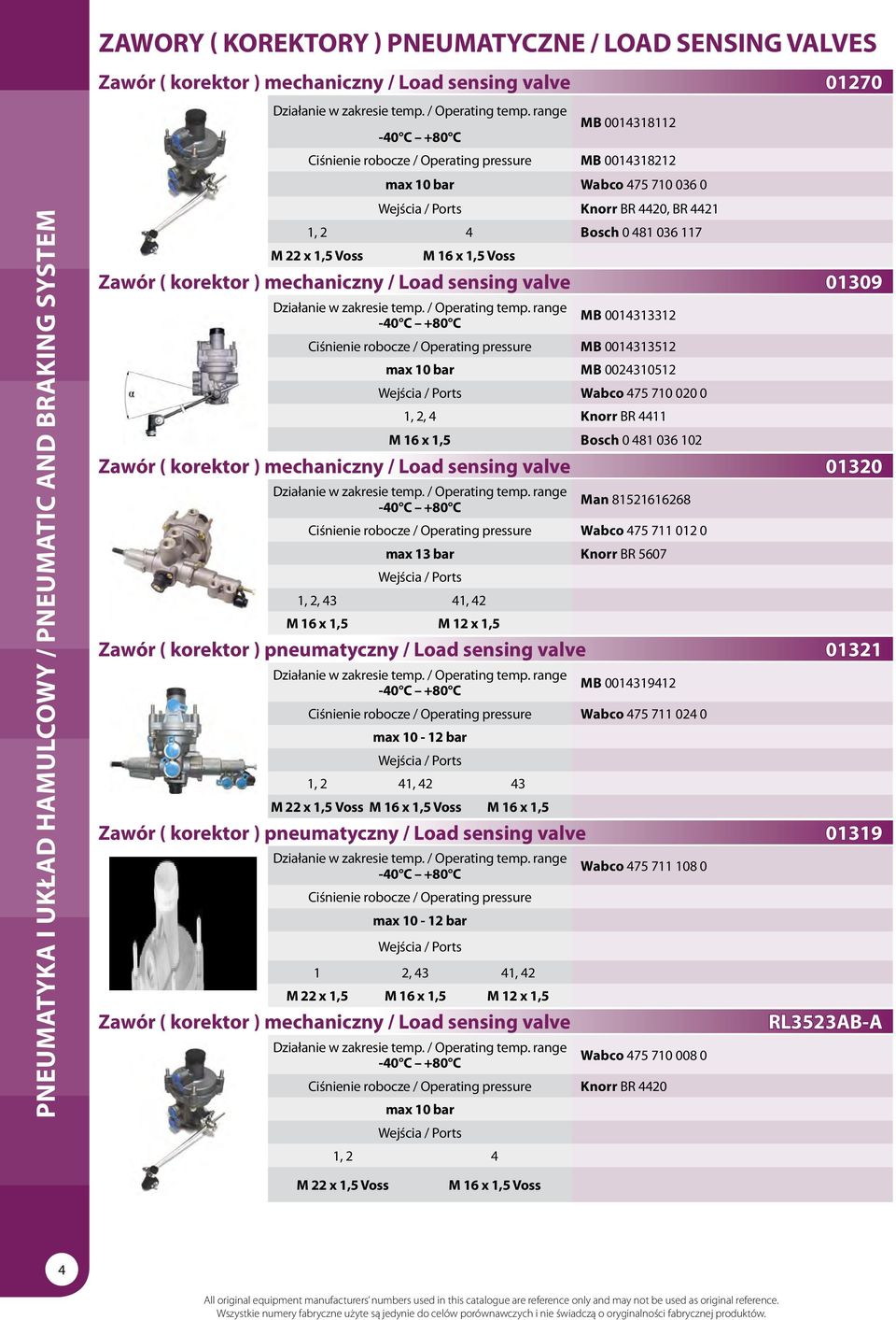 ) mechaniczny / Load sensing valve 01309-40 C +80 C mb 0014313312 Ciśnienie robocze / Operating pressure mb 0014313512 max 10 bar mb 0024310512 Wejścia / Ports Wabco 475 710 020 0 1, 2, 4 Knorr BR