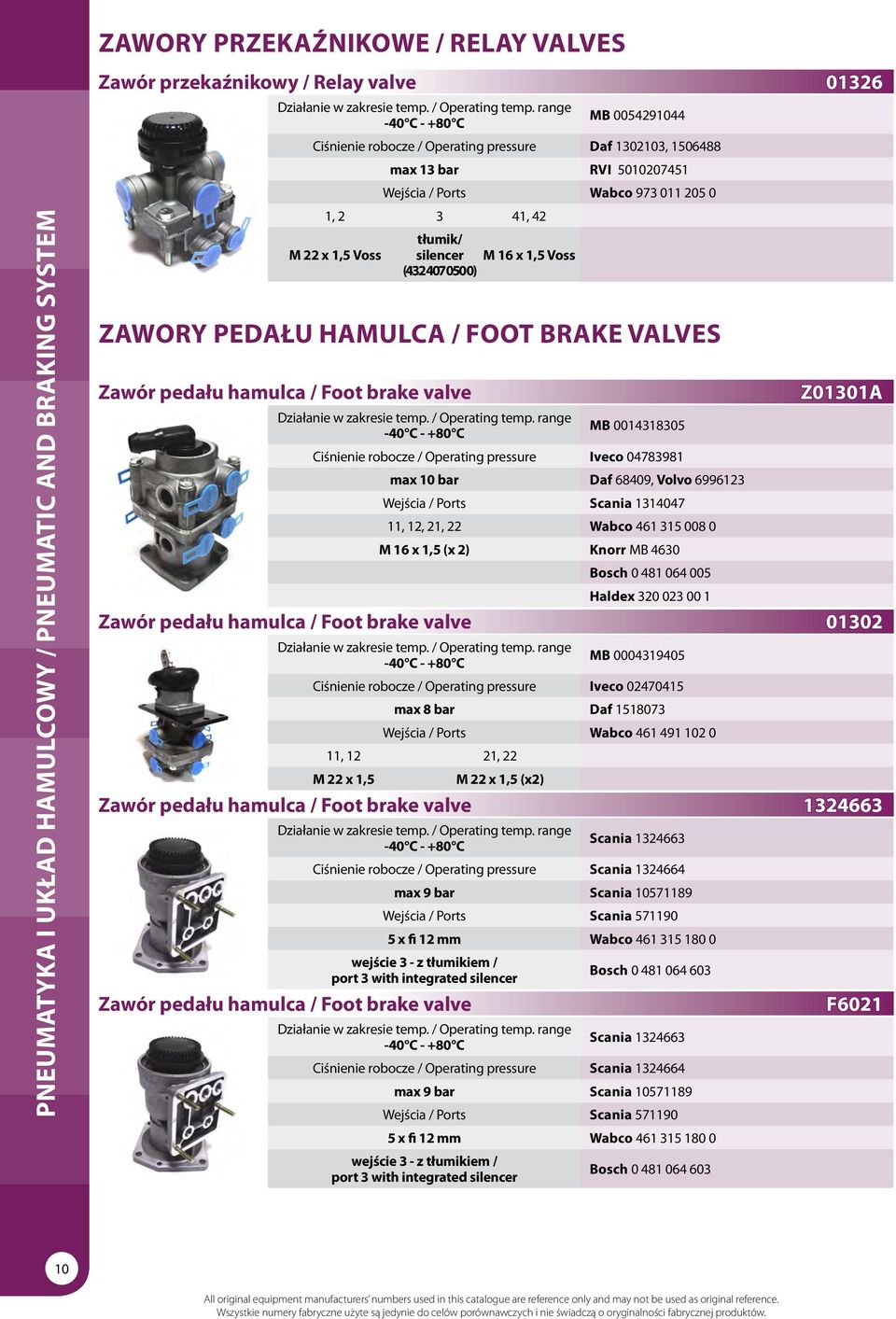 brake valves Zawór pedału hamulca / Foot brake valve -40 C - +80 C mb 0014318305 Ciśnienie robocze / Operating pressure Iveco 04783981 max 10 bar Daf 68409, Volvo 6996123 Wejścia / Ports Scania
