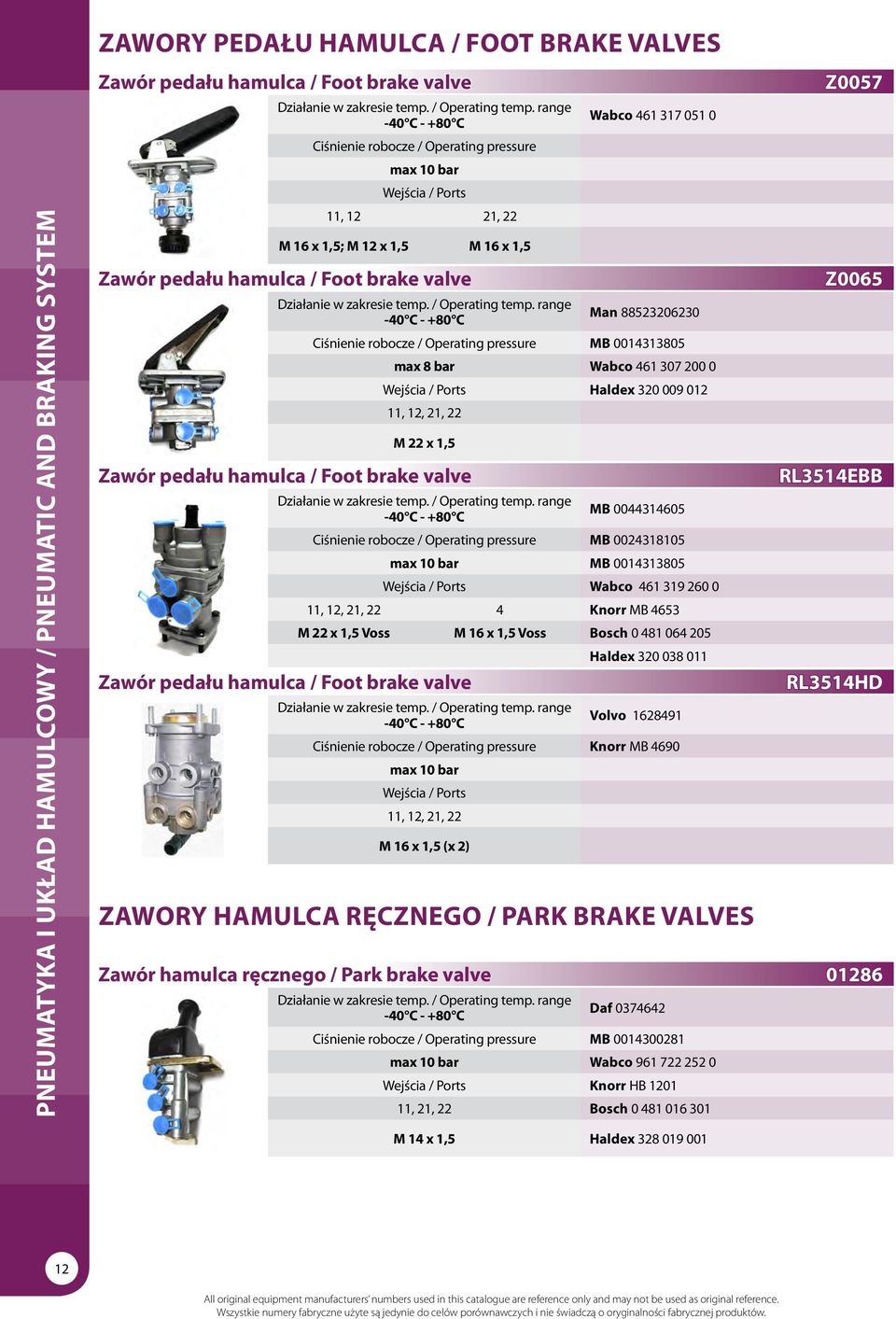 mb 0014313805 max 8 bar Wabco 461 307 200 0 Wejścia / Ports Haldex 320 009 012 11, 12, 21, 22 M 22 x 1,5 Zawór pedału hamulca / Foot brake valve -40 C - +80 C Zawór pedału hamulca / Foot brake valve