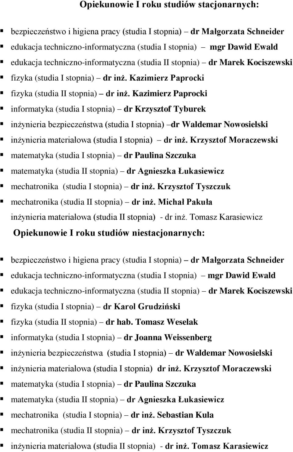 Kazimierz Paprocki informatyka (studia I stopnia) dr Krzysztof Tyburek inżynieria bezpieczeństwa (studia I stopnia) dr Waldemar Nowosielski inżynieria materiałowa (studia I stopnia) dr inż.