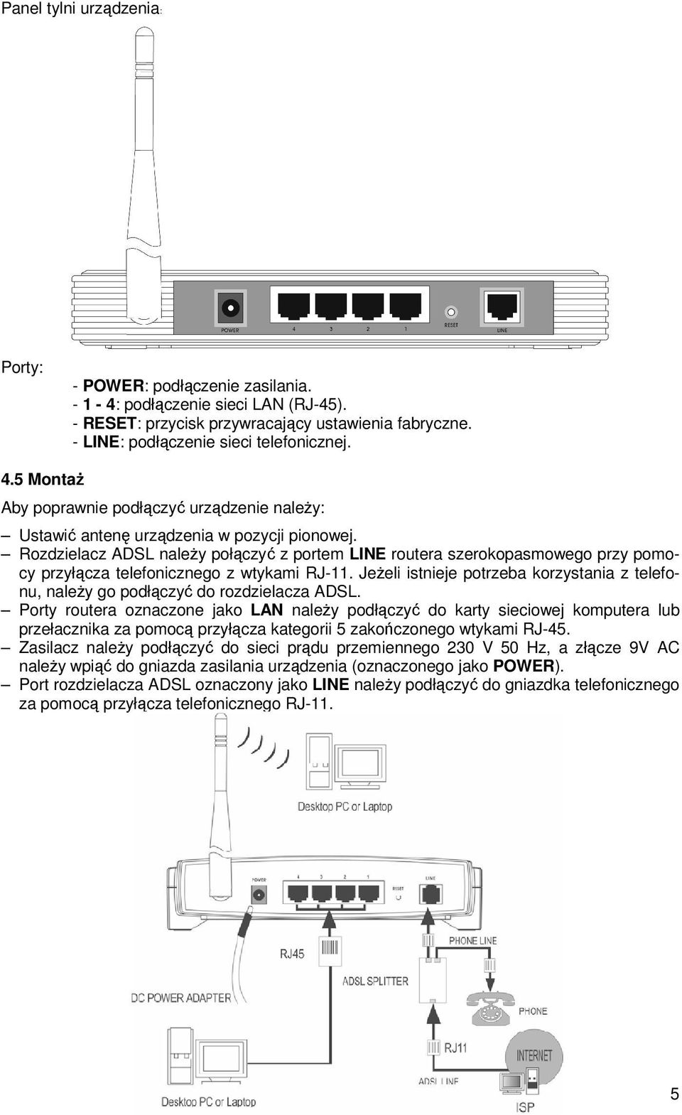 Rozdzielacz ADSL naleŝy połączyć z portem LINE routera szerokopasmowego przy pomocy przyłącza telefonicznego z wtykami RJ-11.