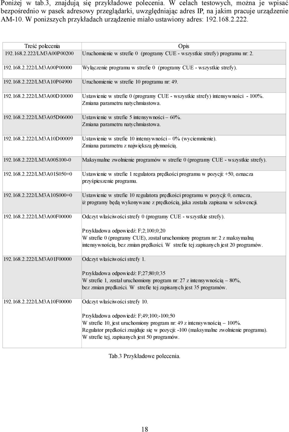 192.168.2.222/LM3A00P00000 Wyłączenie programu w strefie 0 (programy CUE - wszystkie strefy). 192.168.2.222/LM3A10P04900 Uruchomienie w strefie 10 programu nr: 49. 192.168.2.222/LM3A00D10000 Ustawienie w strefie 0 (programy CUE - wszystkie strefy) intensywności - 100%.