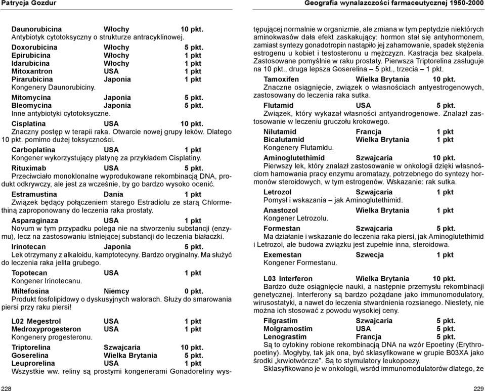 Inne antybiotyki cytotoksyczne. Cisplatina USA 10 pkt. Znaczny postęp w terapii raka. Otwarcie nowej grupy leków. Dlatego 10 pkt. pomimo dużej toksyczności.