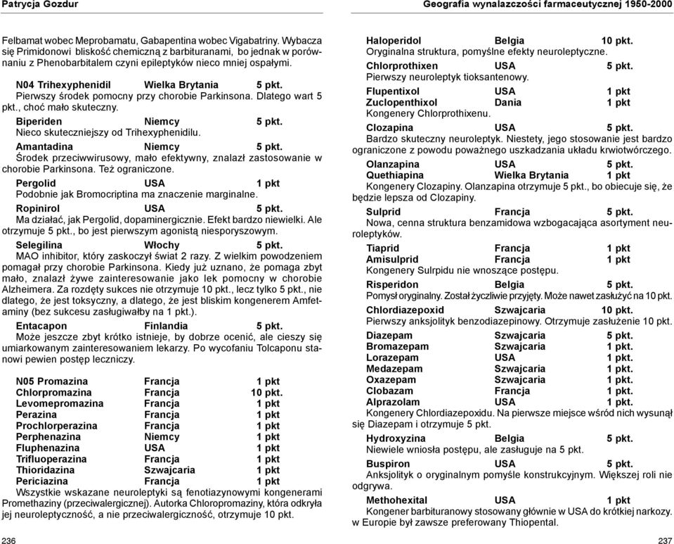 Pierwszy środek pomocny przy chorobie Parkinsona. Dlatego wart 5 pkt., choć mało skuteczny. Biperiden Niemcy 5 pkt. Nieco skuteczniejszy od Trihexyphenidilu. Amantadina Niemcy 5 pkt.