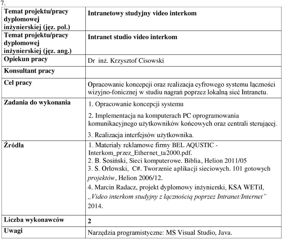 Implementacja na komputerach PC oprogramowania komunikacyjnego użytkowników końcowych oraz centrali sterującej. 3. Realizacja interfejsów użytkownika. 1.