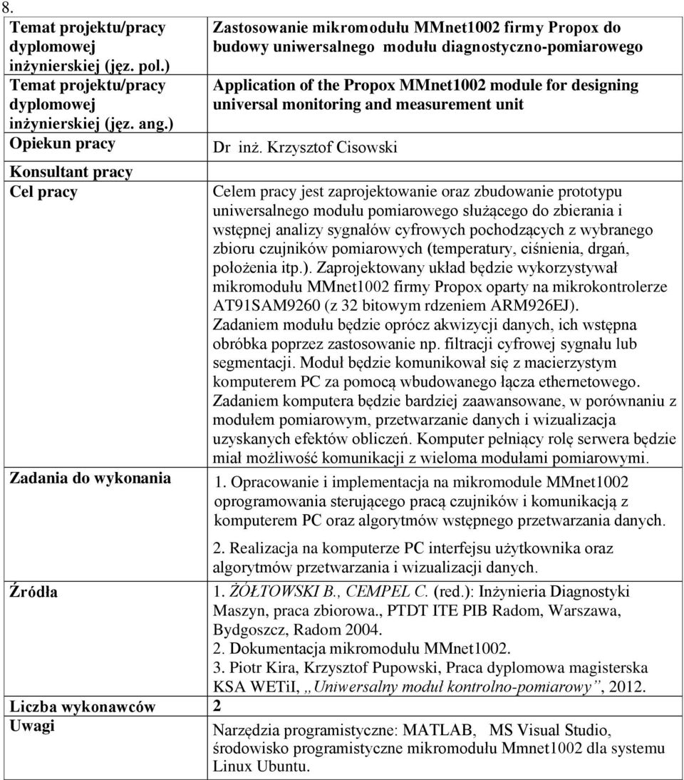 Krzysztof Cisowski Celem pracy jest zaprojektowanie oraz zbudowanie prototypu uniwersalnego modułu pomiarowego służącego do zbierania i wstępnej analizy sygnałów cyfrowych pochodzących z wybranego