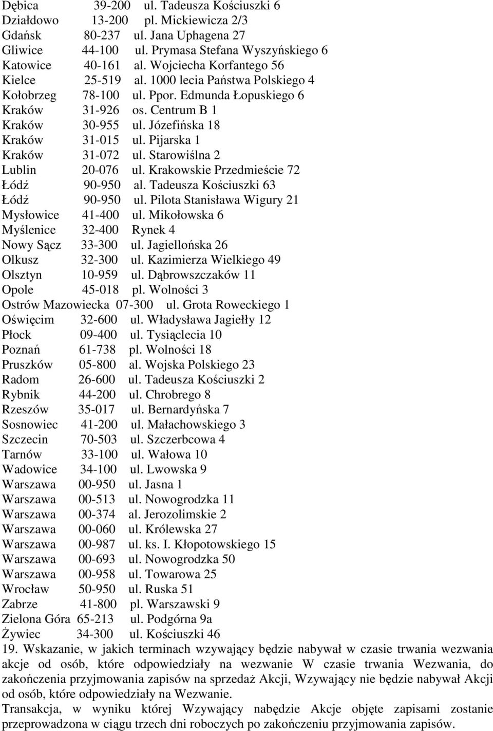 Pijarska 1 Kraków 31-072 ul. Starowiślna 2 Lublin 20-076 ul. Krakowskie Przedmieście 72 Łódź 90-950 al. Tadeusza Kościuszki 63 Łódź 90-950 ul. Pilota Stanisława Wigury 21 Mysłowice 41-400 ul.