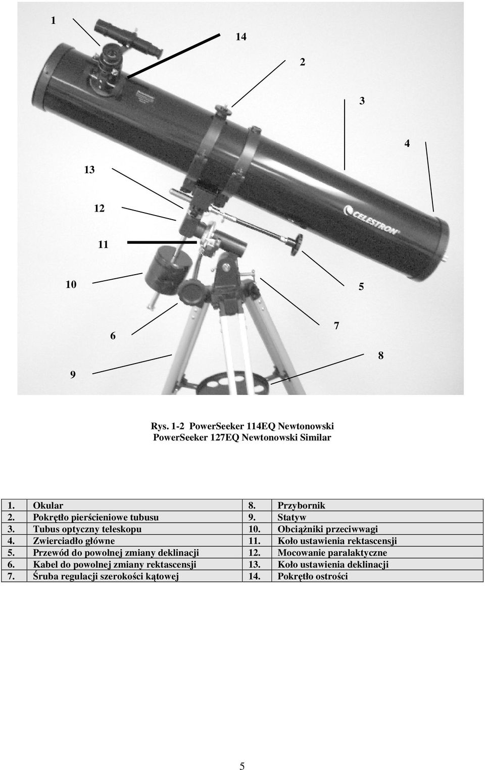 Zwierciadło główne 11. Koło ustawienia rektascensji 5. Przewód do powolnej zmiany deklinacji 12. Mocowanie paralaktyczne 6.