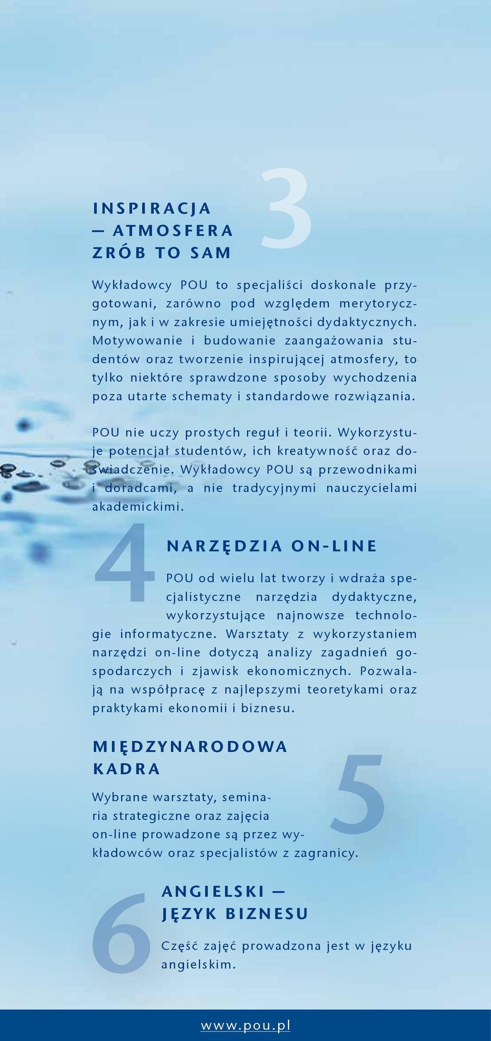 POU nie uczy prostych reguł i teorii. Wykorzystuje potencjał studentów, ich kreatywność oraz doświadczenie. Wykładowcy POU są przewodnikami i doradcami, a nie tradycyjnymi nauczycielami akademickimi.