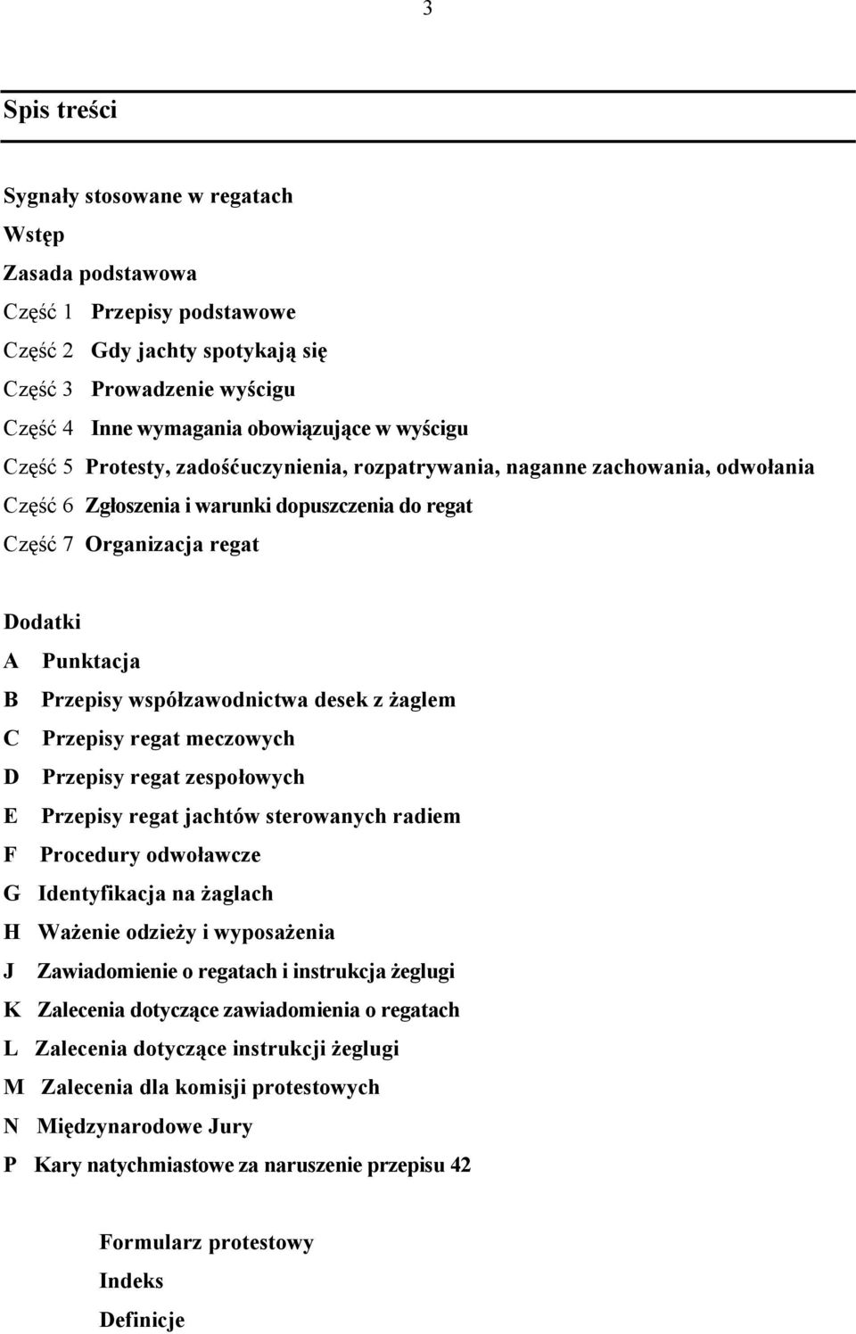 współzawodnictwa desek z żaglem C Przepisy regat meczowych D Przepisy regat zespołowych E Przepisy regat jachtów sterowanych radiem F Procedury odwoławcze G Identyfikacja na żaglach H Ważenie odzieży