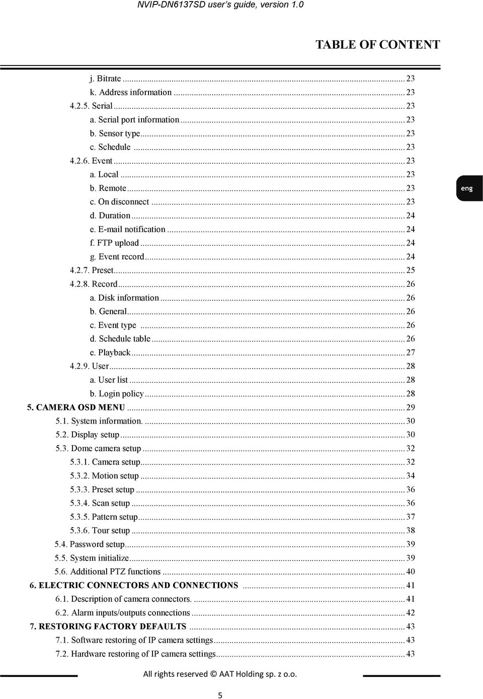 Disk information... 26 b. General... 26 c. Event type... 26 d. Schedule table... 26 e. Playback... 27 4.2.9. User... 28 a. User list... 28 b. Login policy... 28 5. CAMERA OSD MENU... 29 5.1.