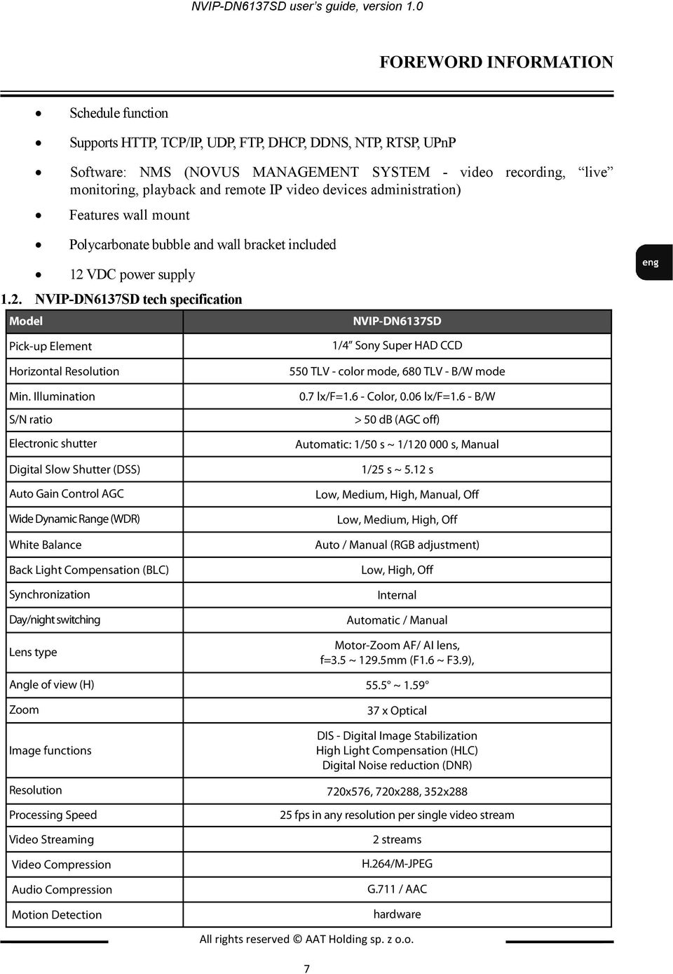 video devices administration) Features wall mount Polycarbonate bubble and wall bracket included 12 VDC power supply 1.2. NVIP-DN6137SD tech specification Model Pick-up Element Horizontal Resolution Min.