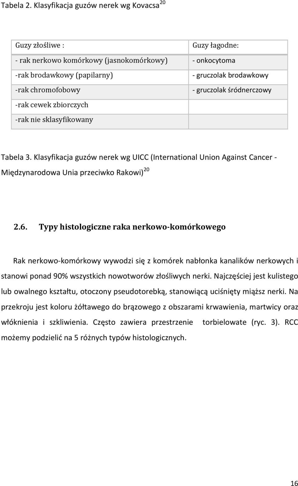gruczolak śródnerczowy -rak cewek zbiorczych -rak nie sklasyfikowany Tabela 3. Klasyfikacja guzów nerek wg UICC (International Union Against Cancer - Międzynarodowa Unia przeciwko Rakowi) 20 2.6.