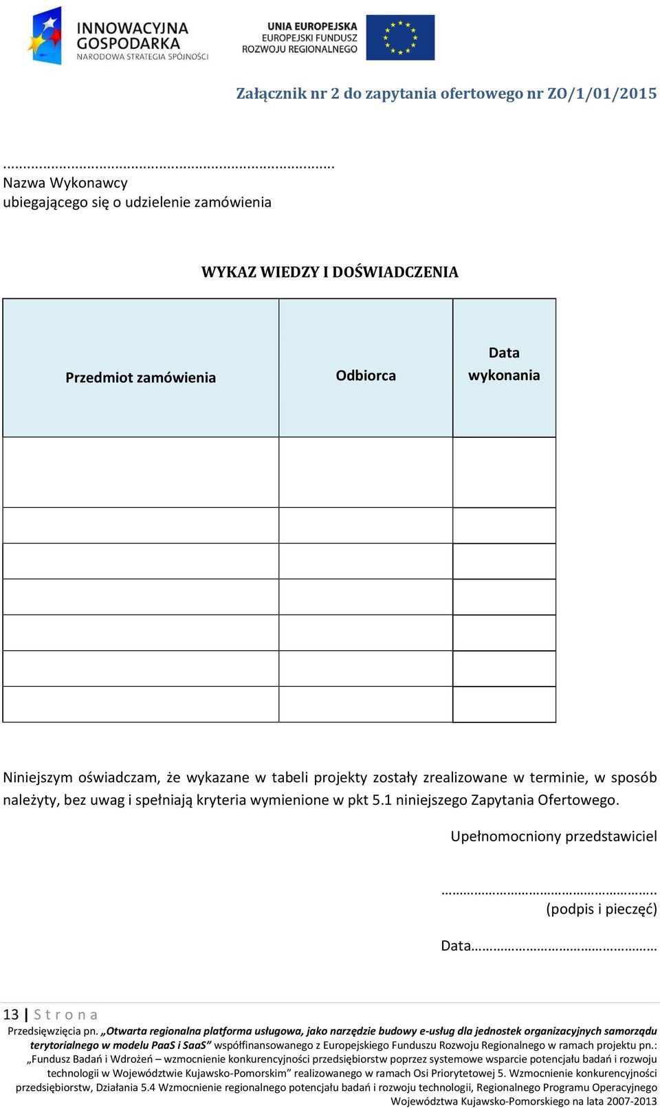 Odbiorca Data wykonania Niniejszym oświadczam, że wykazane w tabeli projekty zostały zrealizowane w terminie, w