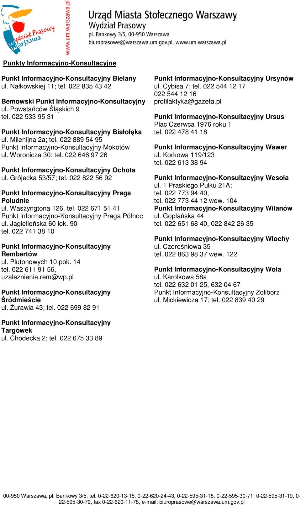 022 646 97 26 Punkt Informacyjno-Konsultacyjny Ochota ul. Grójecka 53/57; tel. 022 822 56 92 Punkt Informacyjno-Konsultacyjny Praga Południe ul. Waszyngtona 126, tel.