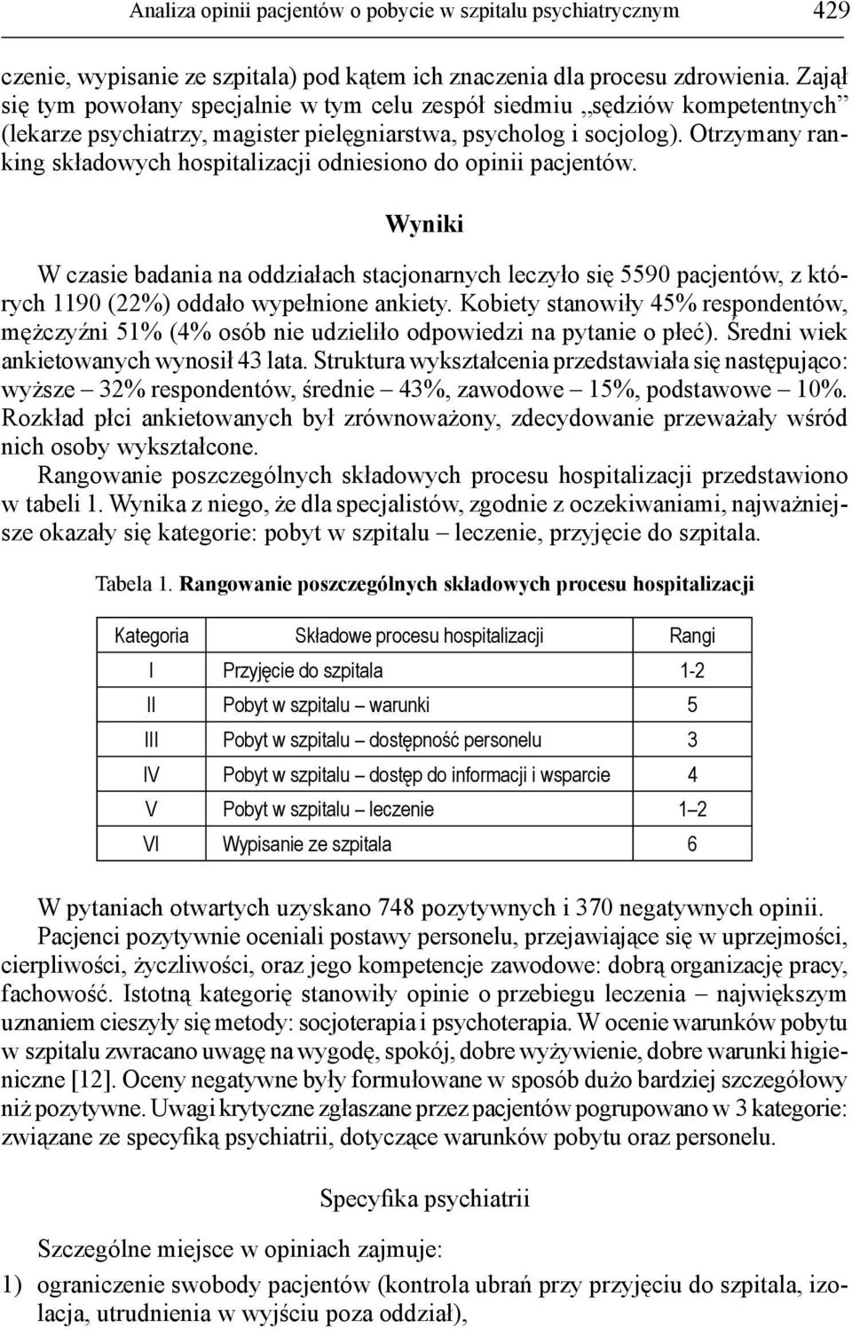 Otrzymany ranking składowych hospitalizacji odniesiono do opinii pacjentów.