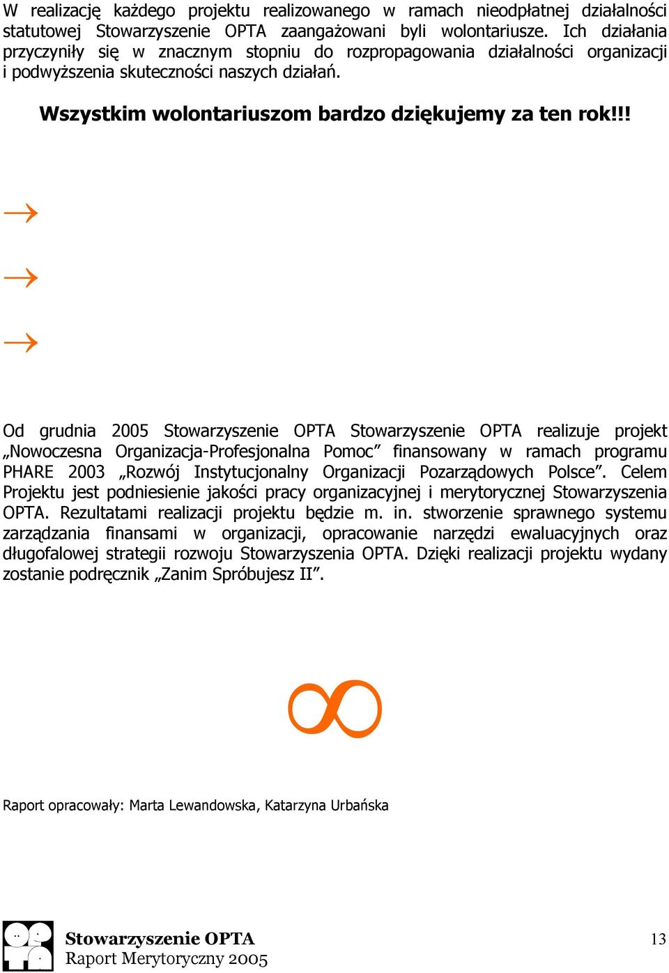 !! Od grudnia 2005 realizuje projekt Nowoczesna Organizacja-Profesjonalna Pomoc finansowany w ramach programu PHARE 2003 Rozwój Instytucjonalny Organizacji Pozarządowych Polsce.