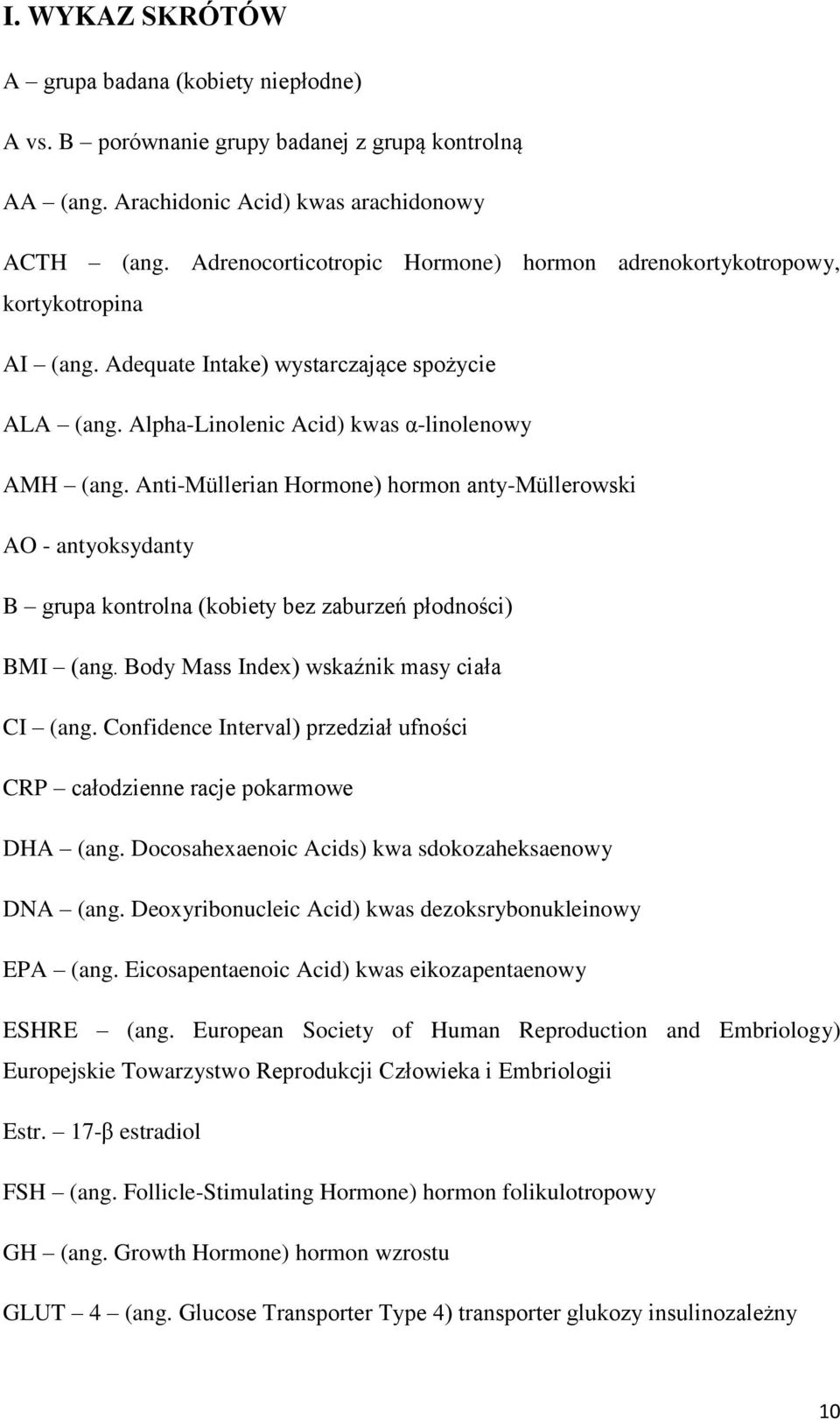 Anti-Müllerian Hormone) hormon anty-müllerowski AO - antyoksydanty B grupa kontrolna (kobiety bez zaburzeń płodności) BMI (ang. Body Mass Index) wskaźnik masy ciała CI (ang.