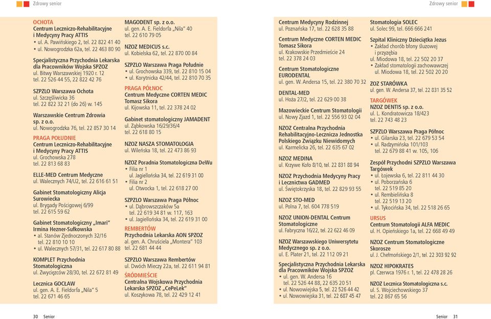 22 822 32 21 (do 26) w. 145 Warszawskie Centrum Zdrowia sp. z o.o. ul. Nowogrodzka 76, tel. 22 857 30 14 PRAGA POŁUDNIE Centrum Leczniczo-Rehabilitacyjne i Medycyny Pracy ATTIS ul. Grochowska 278 tel.